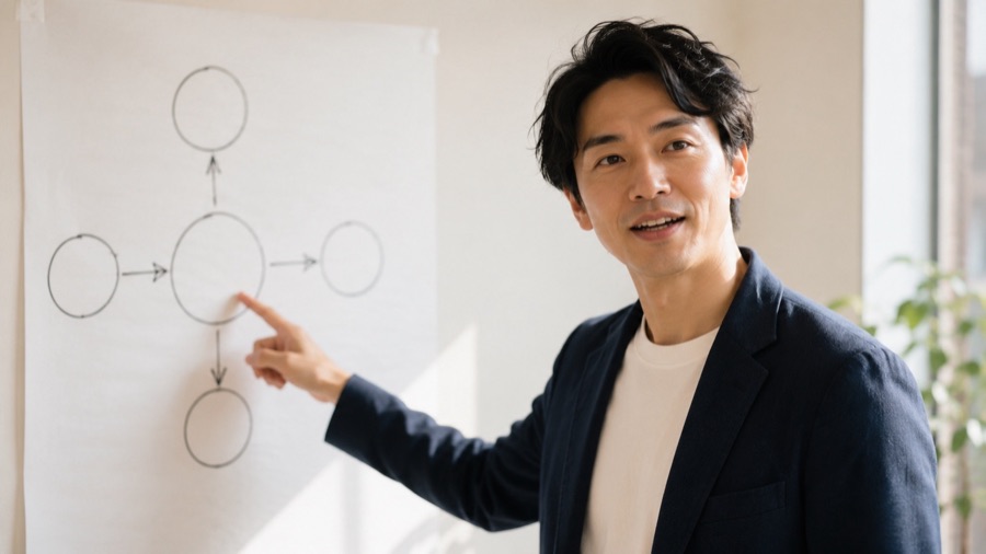 壁に貼った図を指し示しながら説明する男性